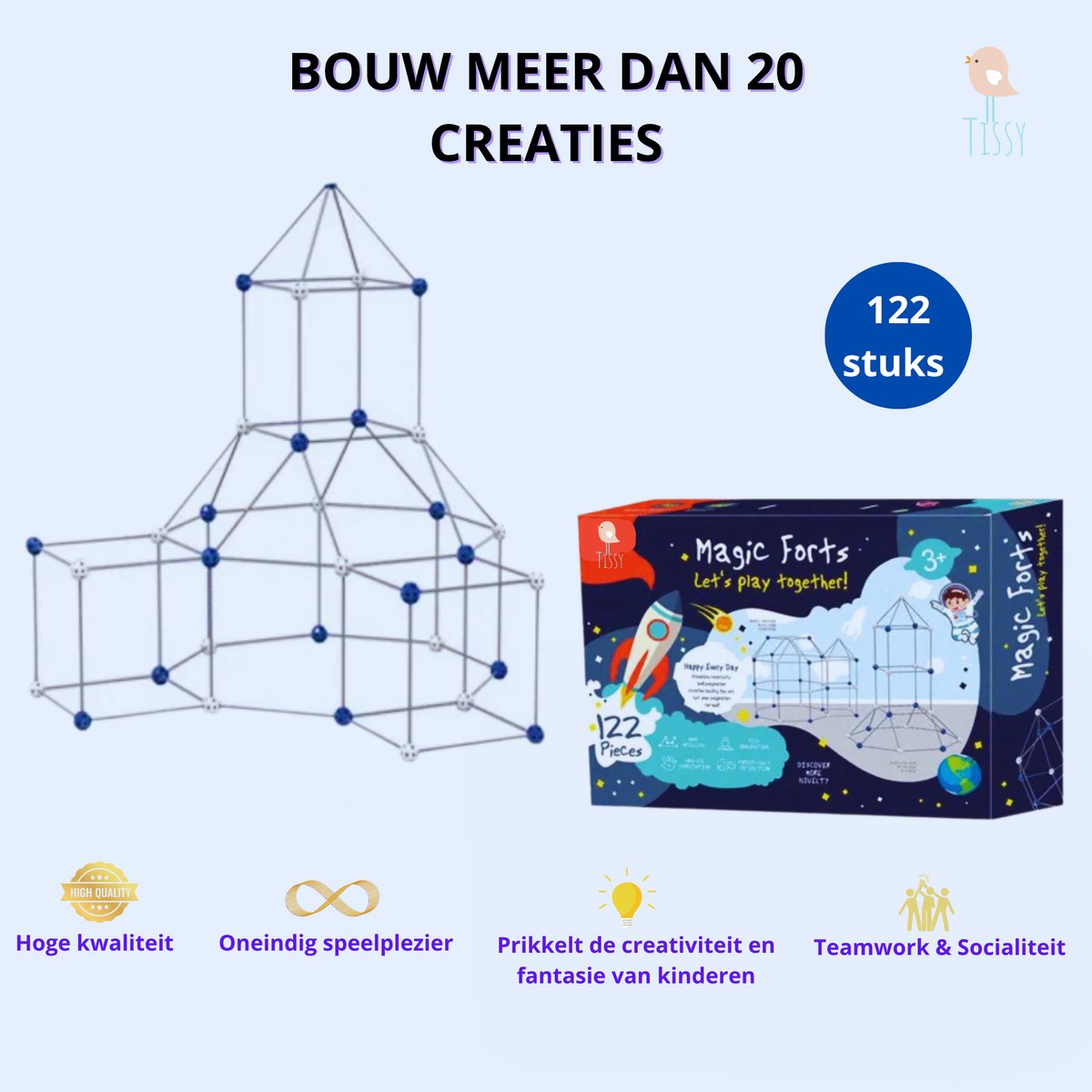 Tissy® - Bouw je Eigen Fort - Premium Kwaliteit -Constructie Speelgoed - Bouwset Hut - Bouwpakket Tent - 122 stuks - Bouw je Eigen Tent - Bouwset - Hutten Bouwen - Montessori - Geschikt voor binnen en buiten