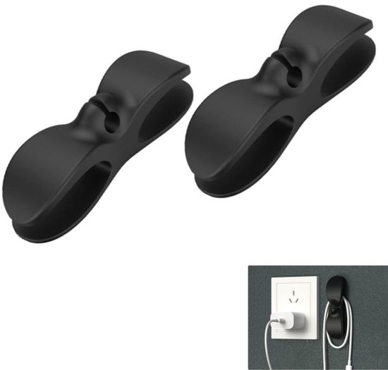 Lot de 2 - Support de câble - Organisateur de câble - Clips de câble - Silicone - Enrouleur USB - Pour appareils, autocuiseur, mixeur - Noir - 10 × 2,5 cm