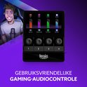 Zwarte audiocontroller met vier knoppen en een display dat mic, game, Spotify en Discord toont. Vriendelijk voor gamers.