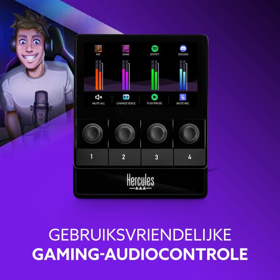 Zwarte audiocontroller met vier knoppen en een display dat mic, game, Spotify en Discord toont. Vriendelijk voor gamers.