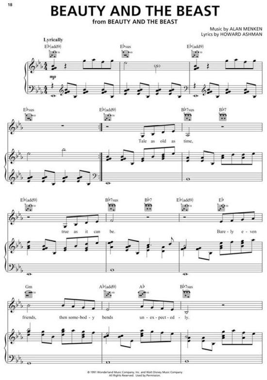 Muziekblad voor "Beauty and the Beast" uit Belle en het Beest, met pianomuziek en songteksten.