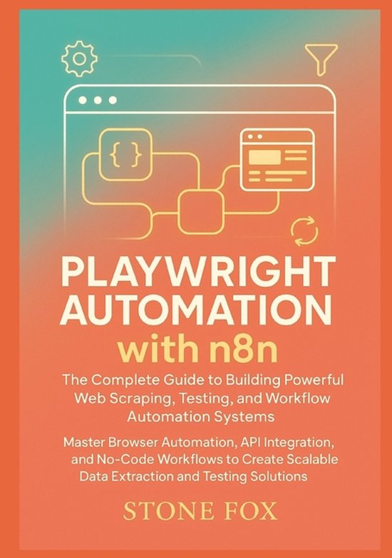 Couverture de livre avec le titre 'Playwright Automation with n8n', incluant des illustrations de code et de flux de travail.
