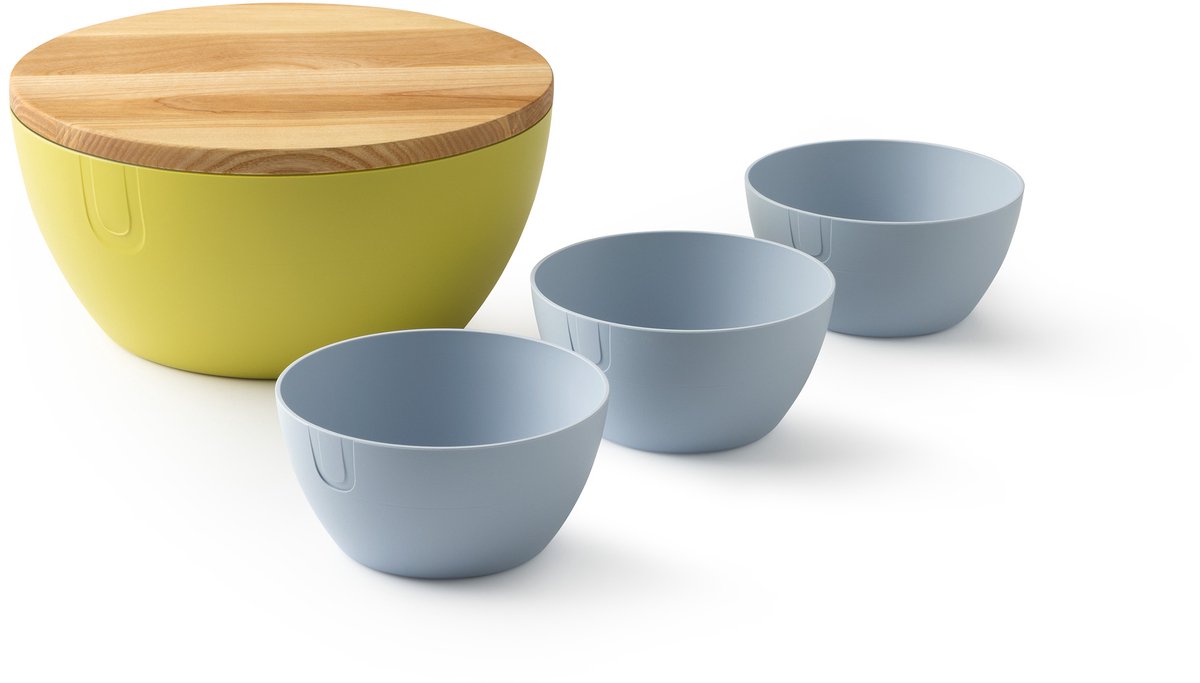 UBITE set – bio-based saladeschaal cyber geel (XL - Ø 27) inclusief deksel/snijplank + set van 3 bio-based bowls sky blauw (S - Ø 13) - saladeschaal/saladekom/kom/schaal/bakje/duurzaam
