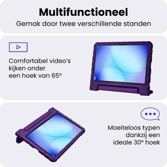 Paarse kindvriendelijke tablethoes in horizontale en verticale stand.