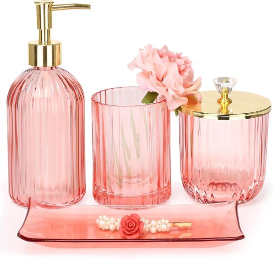 Badkamer Accessoires Set, 4 stuks Glazen Badkamer Accessoires Sets Compleet w/Lotion Zeep Dispenser, Tandenborstelhouder, Apothecary Pot, Vanity Tray, Moderne Badkamer Decor, Cadeau voor Thuis