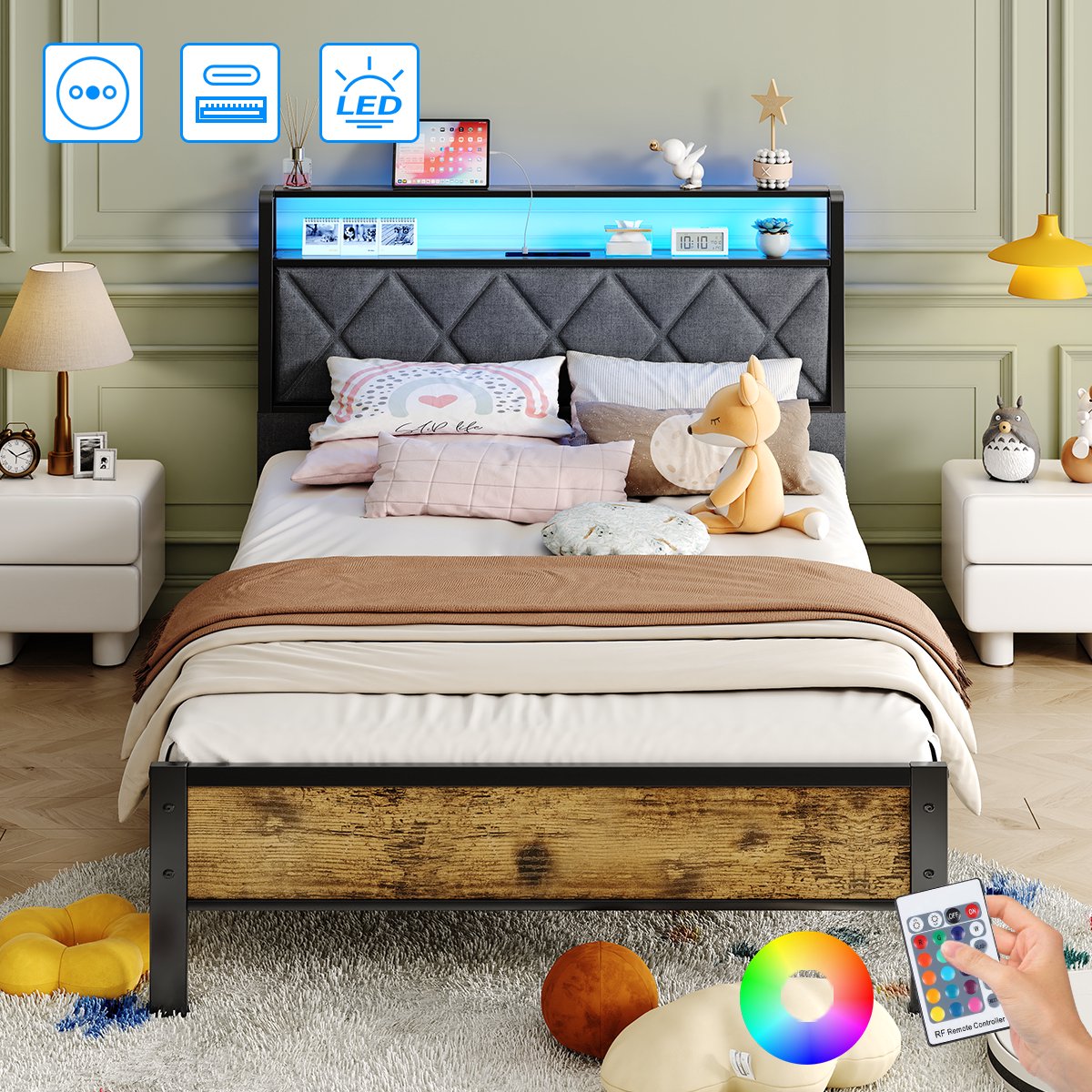 Mihtrov Eenpersoonsbed 90x200 cm - Stevig Metalen Bedframe - Jeugdbed met LED Verlichting - Stopcontacten, USB & Type-C Poorten - Hoofdbord met Opbergruimte - Donkergrijs Linnen - Modern & Duurzaam Design Zwart