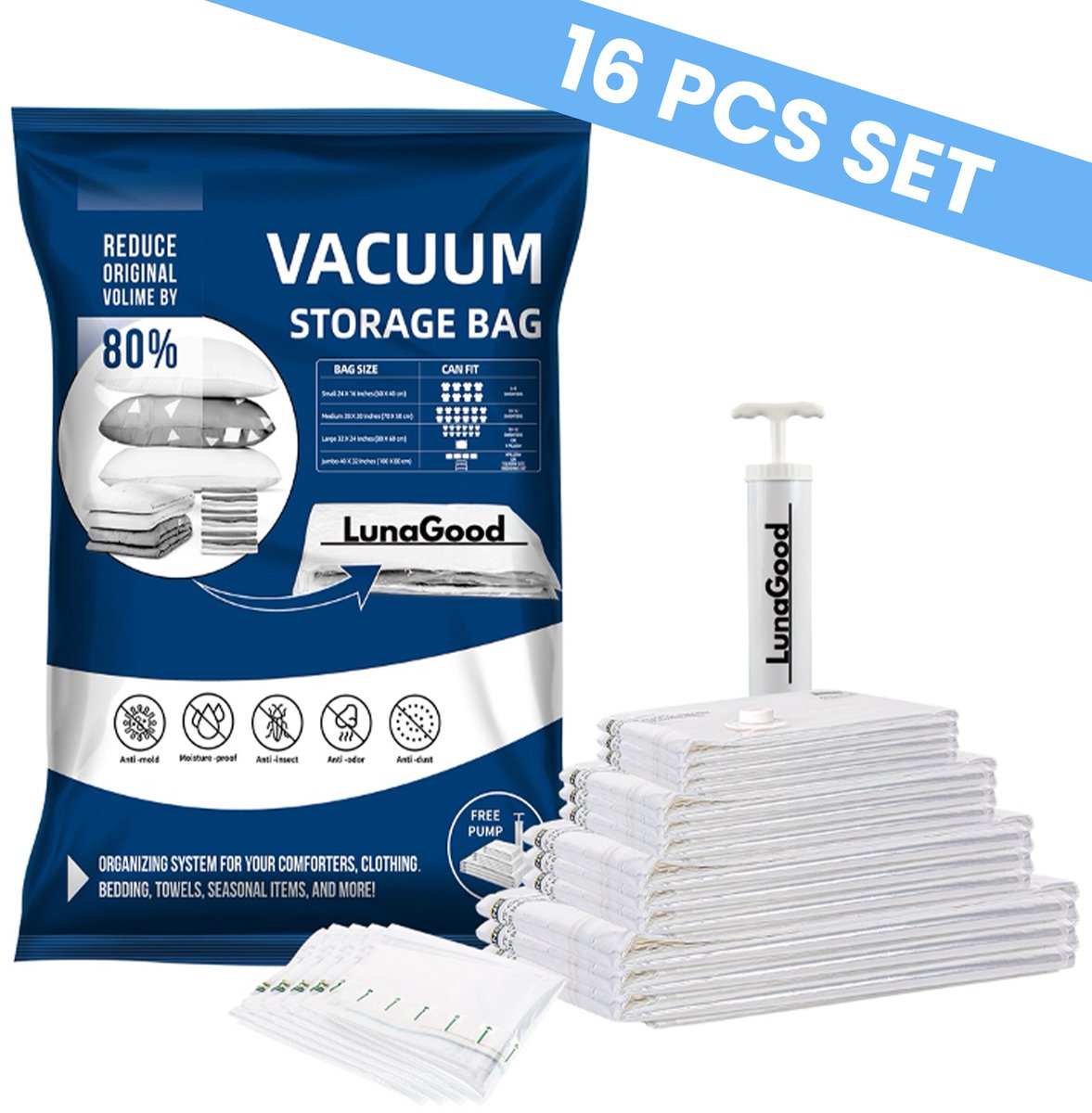 LunaGood® Vacuumzakken Set - 16 Stuks - Kleding & Dekbedden - Incl. Handpomp - 80% Ruimtebesparend