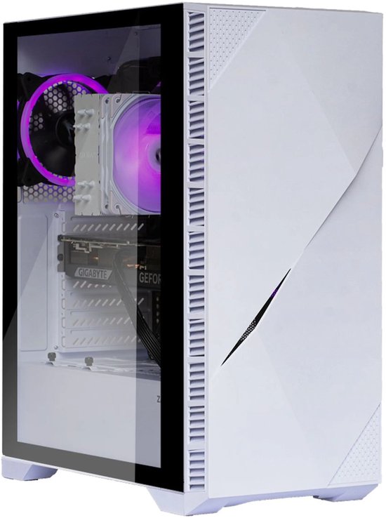 Boîtier d'ordinateur blanc avec panneau latéral en verre, montrant les composants internes avec un éclairage RVB violet.