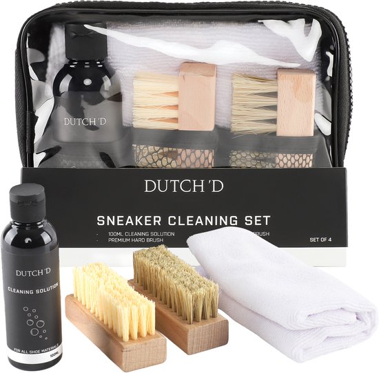 Nettoyant pour baskets Dutch'D® - Kit de nettoyage pour baskets - Ensemble de nettoyage de Chaussures pour femmes - Kit de nettoyage Premium 4 en 1 pour baskets - Convient au Cuir, au daim et au mesh
