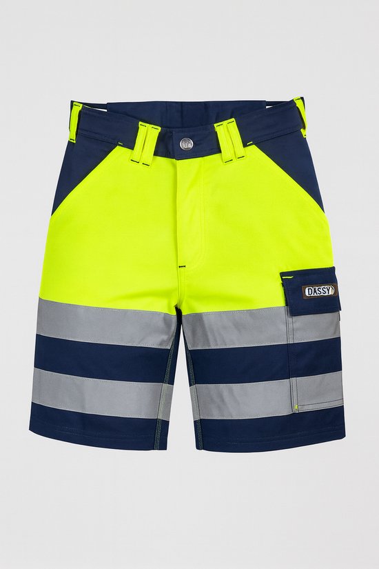 Short de travail jaune fluo, bleu marine et bandes réfléchissantes grises. Avec logo DASSY sur la poche.