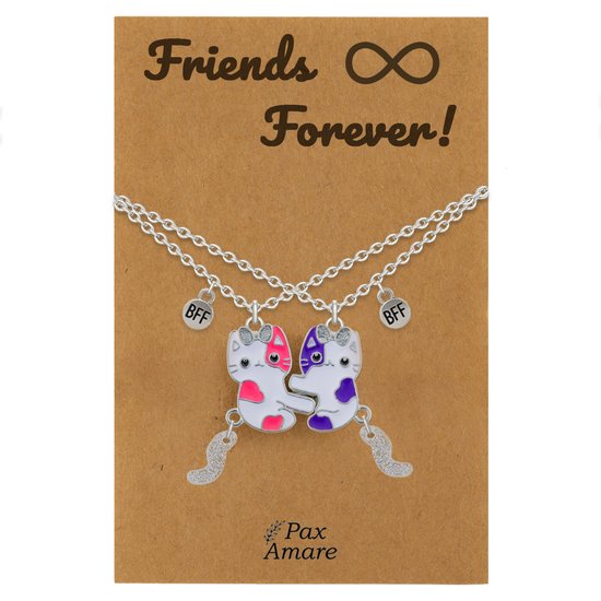 Twee zilverkleurige vriendschapskettingen op een bruine kaart met de tekst 'Friends Forever'. De hangers zijn twee magnetische katjes, één roze en één paars.