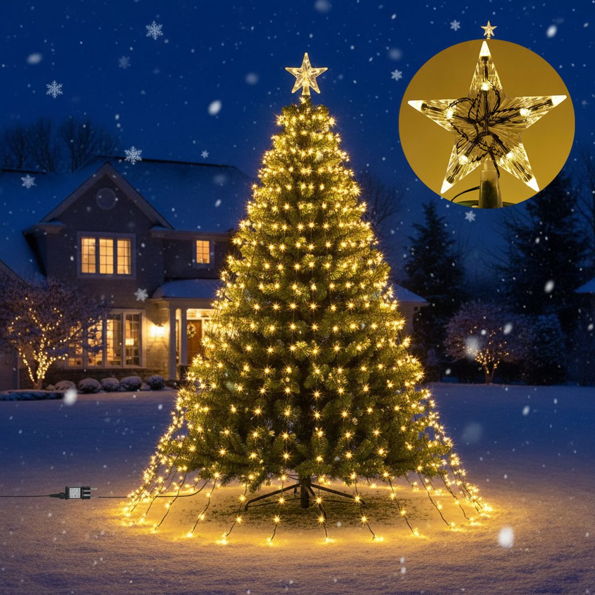 MUPOO Kerstboomverlichting ring + ster topper - IP44 3M 490 LED warm wit - Kerstverlichting Kerstversiering kerstboom licht - 8 modi - Timer 8u/16u - Met geheugenfunctie - Eenvoudige installatie met plastic ring - Tuinverlichting/Winkeldecoratie
