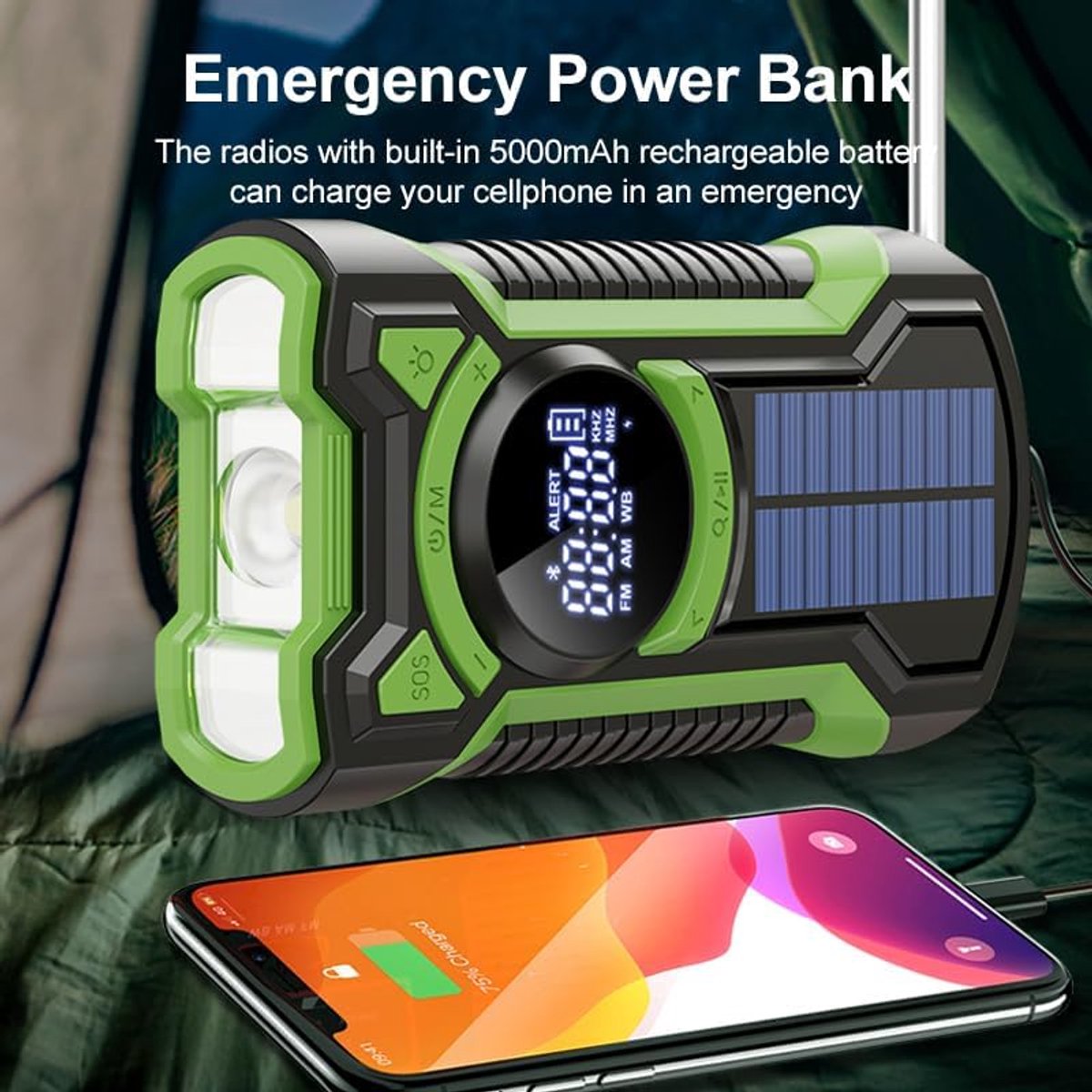 Noodradio Solar Opwindbaar - Opwindbare Noodradio - 5000mAh Powerbank Zonneenergie - Noodradio Opwindbaar En Batterij - Bluetooth 5.3 - Telefoon Oplader - LED Zaklamp - Kleine Draagbare Radio - Noodpakket - Camping - Wandelen - Buitenactiviteiten – foto 6