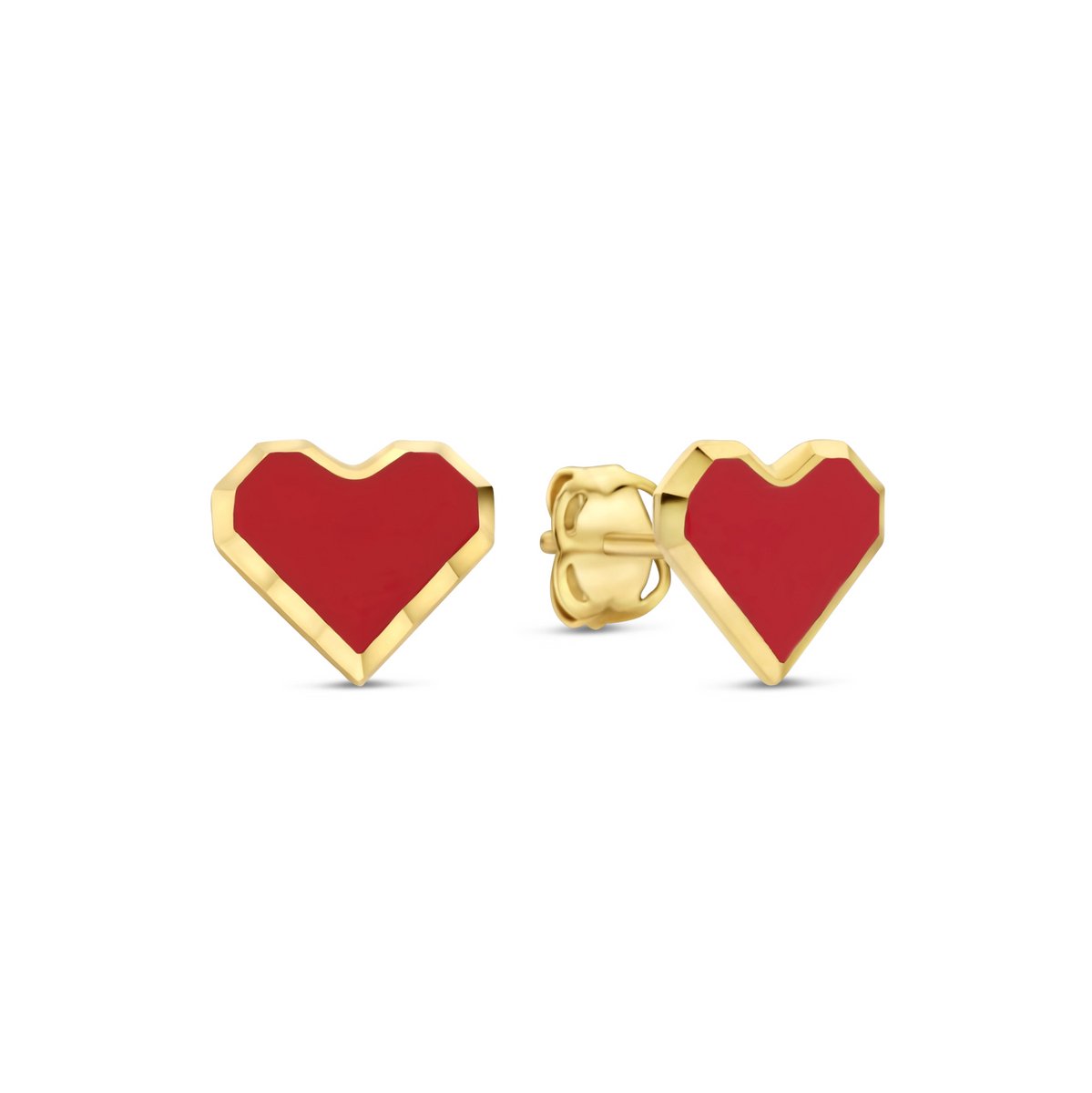 New Bling - 9NBG-0894 - 14K geelgouden Oorknoppen – Hart met Rode Epoxy – Dames Oorbellen