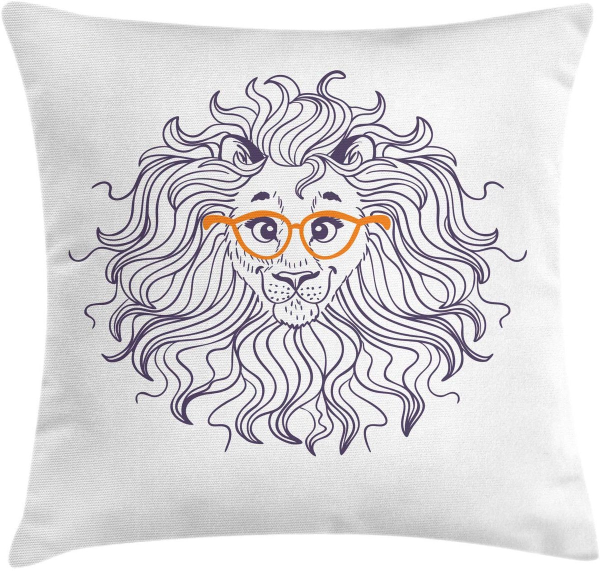 ABAKUHAUS Kussenhoes – Cartoon-Leeuw Bril – 60×60 cm – Aubergine/Oranje – Dubbelzijdig bedrukt Aubergine-Oranje