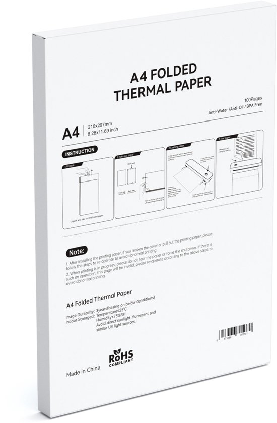 Achterkant van A4 thermisch papier verpakking met instructies en "A4 Folded Thermal Paper" vermelding.