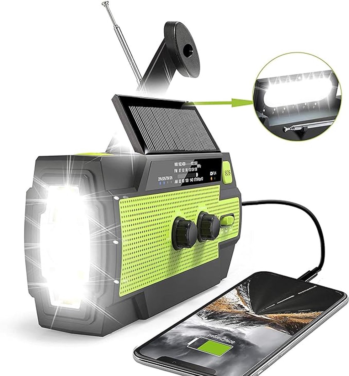 Noodradio - Solar Opwindbaar en Batterij - 4000 mAh - Draagbare Survival Radio - Powerbank Zonneenergie - Radio Op Batterijen (Accu) Voor Rampen - Bouwradio - Zaklamp - Groen