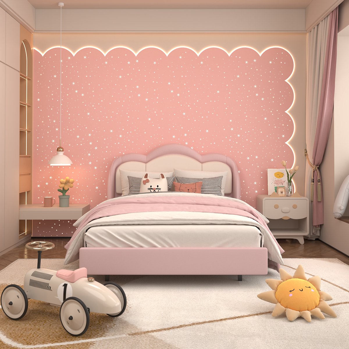HOMAVO Kinderbed 140×200 cm – Zwevend bed – Prins/Prinses droombed – Wolkenvormig bed – LED-muzieklamp – Stevig frame – Roze kinderbed