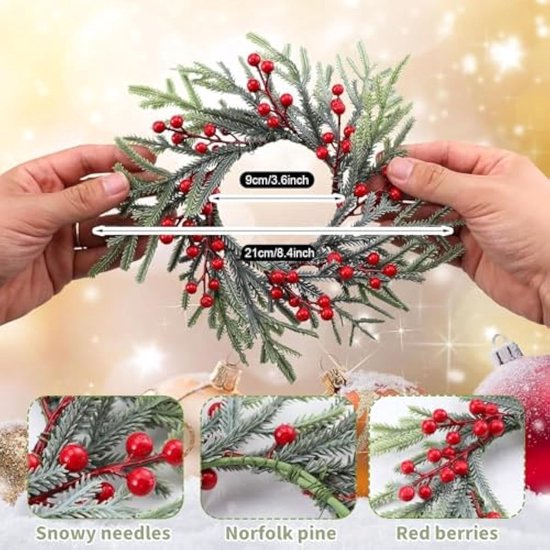 ZRSWV 6 stuks kerst kaars ringen, rode kunstmatige bessen kleine kaars kransen ringen met klokken strikken voor kerstvakantie tafeldecoratie, A1