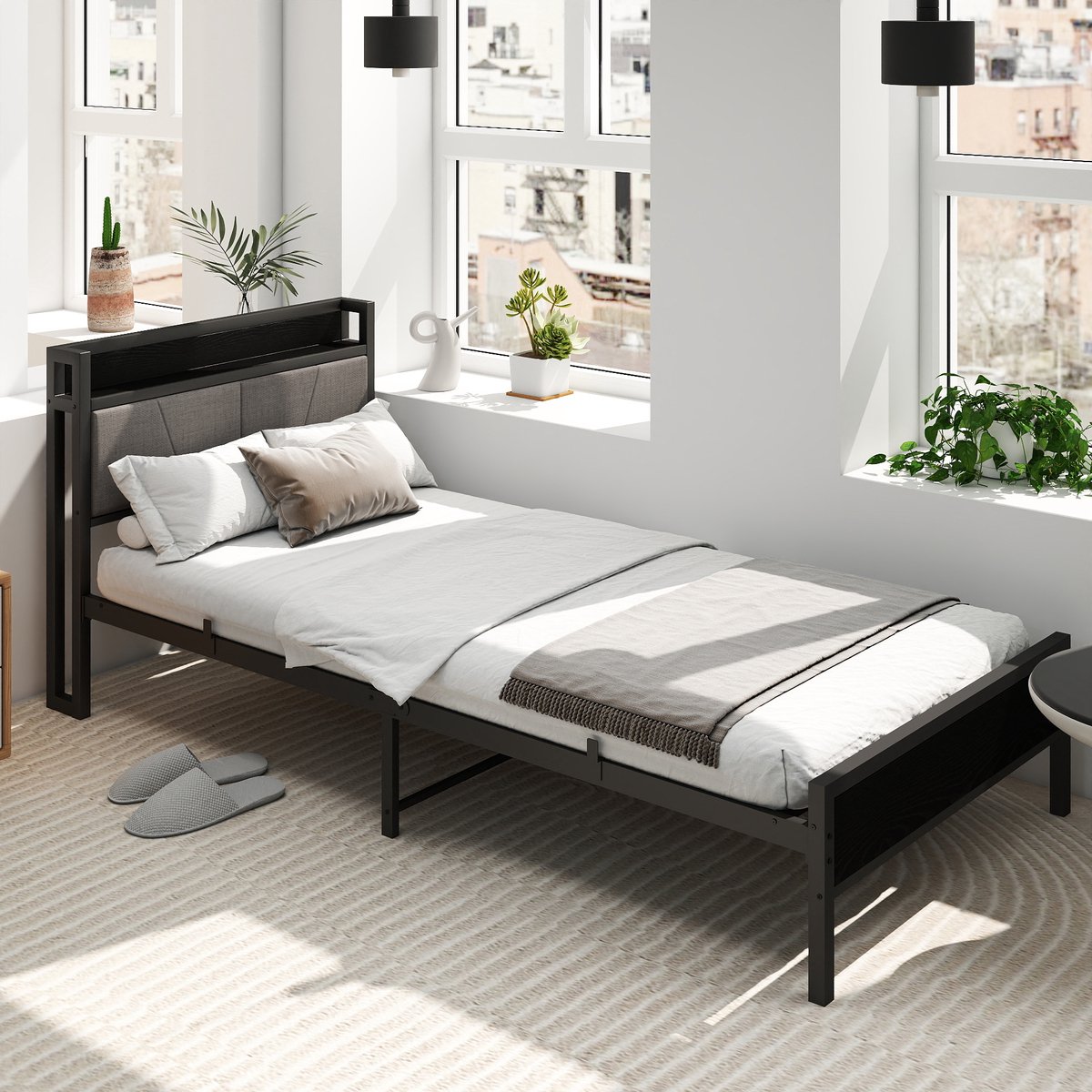 OKWISH Eenpersoonsbedden 90x200 cm - Stalen Bedframe - Eenvoudige Montage - USB Lader Inclusief - Zwart