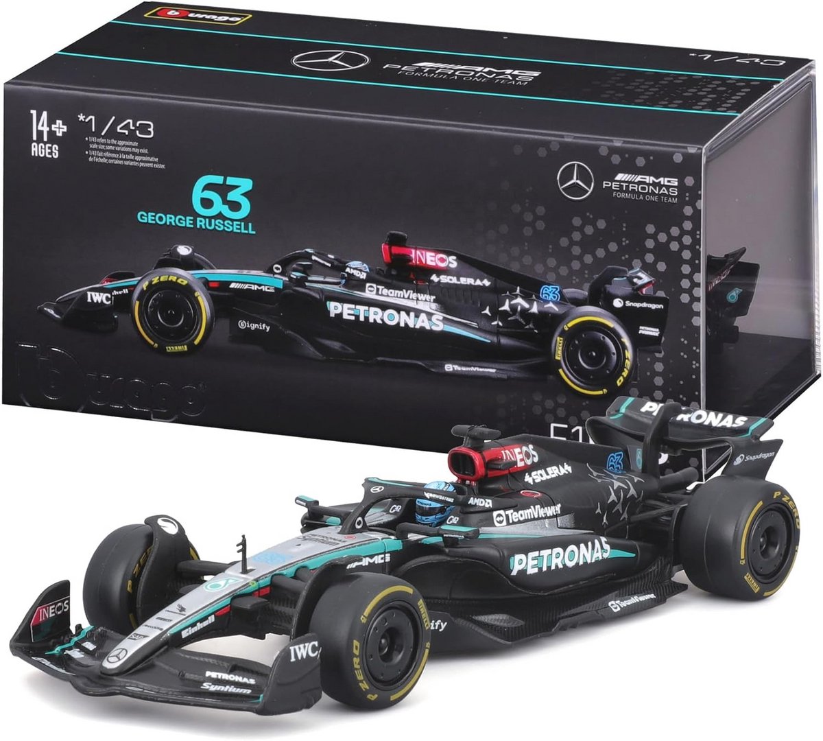 Formule 1 Diecast Model 1:43 met Helm en Displaykoffer - George Russell 2024