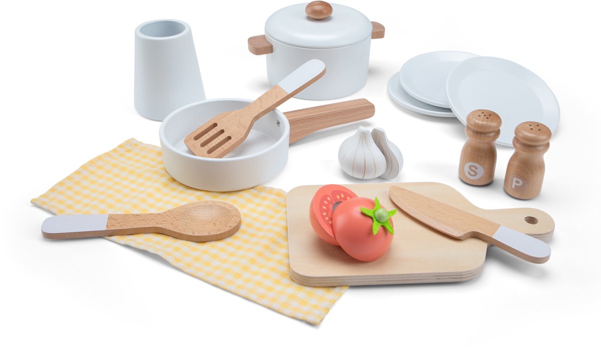 Woet® Houten Speelgoed Kinderkeuken Beige - Speelkeukentje met Pannen, Servies, Groente en Snijplank - Houten Speelkeuken - Werkbladhoogte 55 cm - Rollenspel - Vanaf 3 Jaar — afbeelding 4