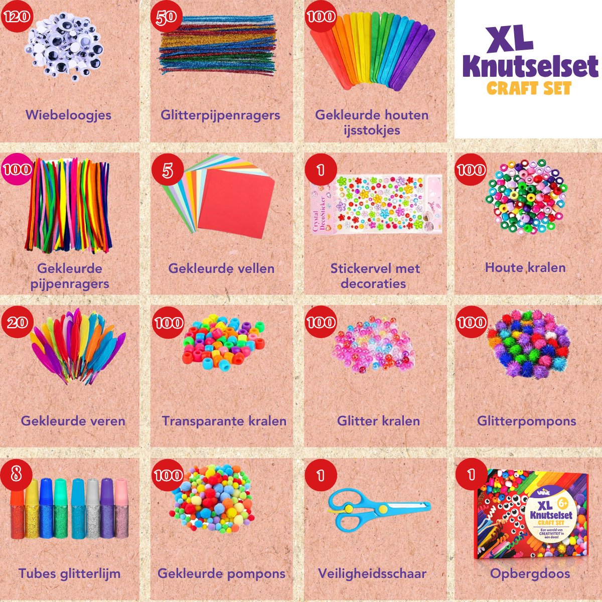 Vaive Knutselset 905-delig – Knutselen Meisjes & Jongens - Kralen, Veren, Pompons & Wiebeloogjes - Knutselkoffer - Knutselspullen - Knutselpakketten — afbeelding 4
