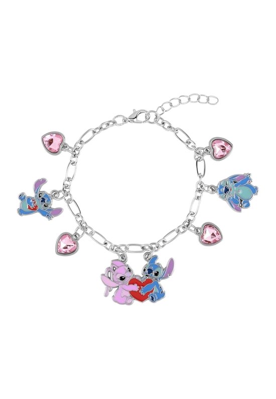 Zilverkleurige schakelarmband met roze hartjes, een blauw Stitch en een roze Angel bedeltje.