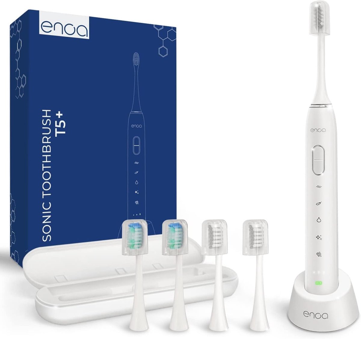 ENOA Sonic elektrische tandenborstel – 31.000 vpm – 5 poetsstanden & 3 intensiteiten – Smart timer 2 min – IPX7 waterdicht – 5 opzetborstels – reisetui – USB-oplaadbaar