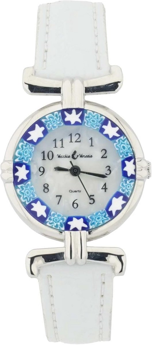 Murano Glas Millefiori Horloge met Leren Band - Wit