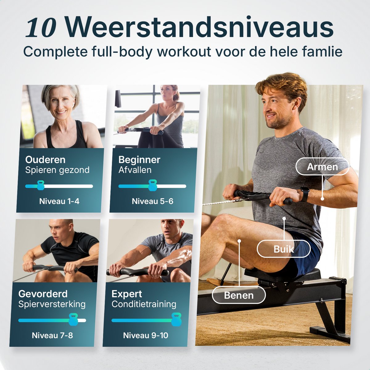 Flowsense Roeitrainer Luchtweerstand 10 Niveaus Zwart - afbeelding 3