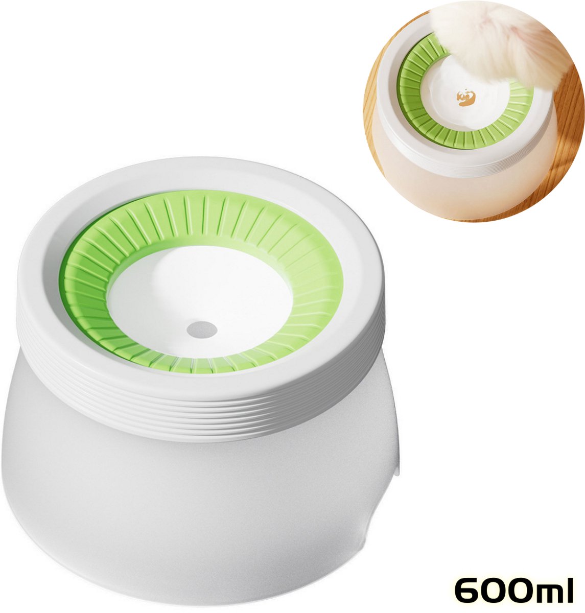 Waterbak - Kom - Geschikt voor puppy's en kittens - Drijvende waterbak - Anti-natte mond - Anti-spatten - Grote capaciteit - Drinkbak voor huisdieren - 600 ml - Groen