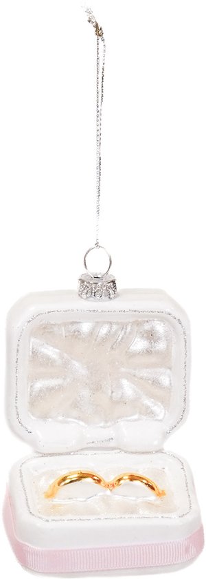 Housevitamin Kersthanger Trouw Ringen in Doosje – Glas Roze/Wit/Goud – 6,5x4,5x11 cm – Romantische Glazen Kerstbal – Verloving & Huwelijk Kerstversiering