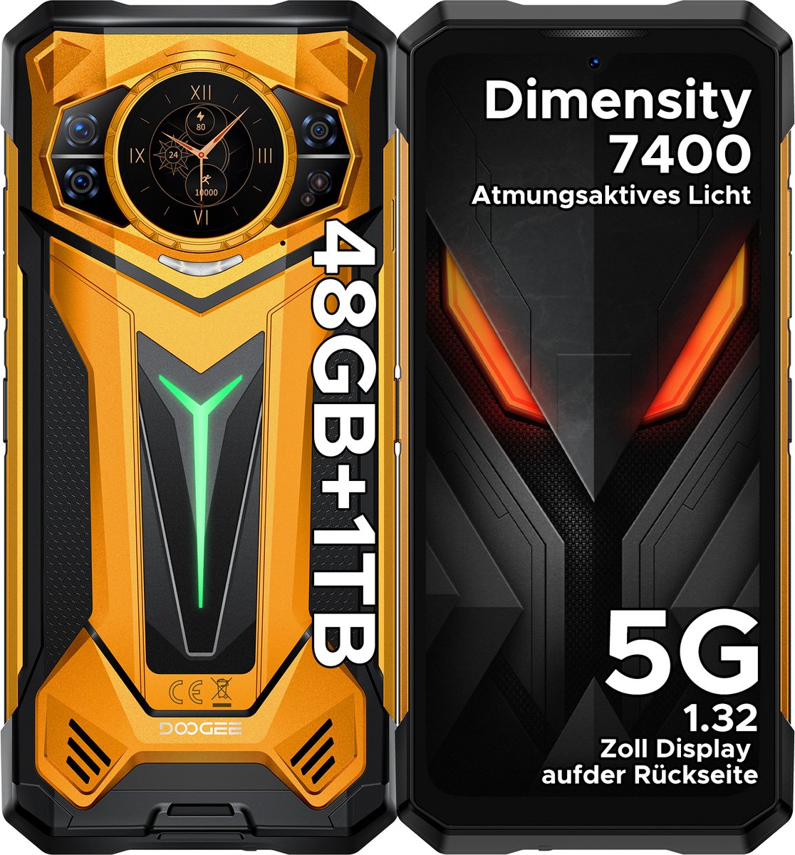 DOOGEE S200 Ultra 5G - Robuuste Smartphone - Robuuste Telefoon - 48GB RAM + 1TB ROM /2TB TF -Dimensity 7400 - 11000 mAh /66W --6,72 inch 120Hz - Android 15 -Nachtzicht-100 MP AI camera - NFC - GPS -1,32 inch display achteraan - Geel