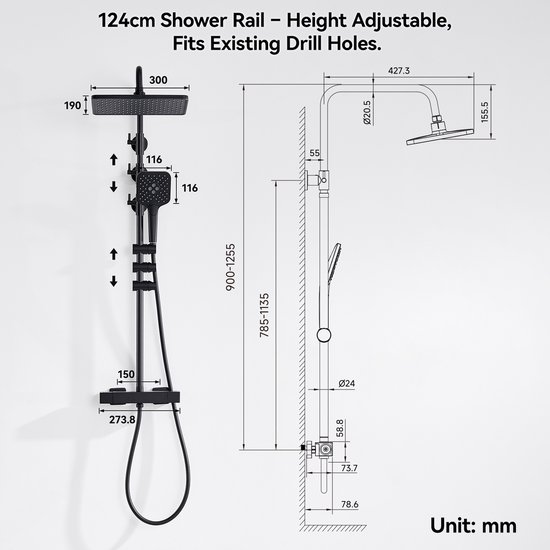 Regendoucheset Opbouw vierkant 20cm Regendouche Chroom met Thermostaatkraan Aloni Optima Quadro met handdouche en glijstang - - Online Sanitairwinkel