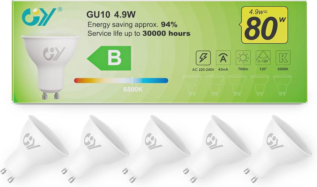 GU10 LED lamp 4.9W 790 lumen - Vervangt 60W gloeilamp - Warm wit 6500K - 120° stralingshoek - Spaarlamp 5 stuks