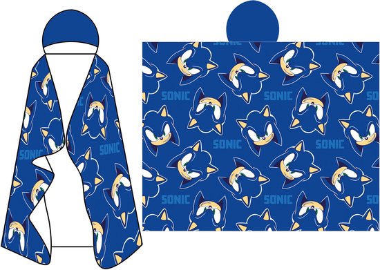 Ontwerp van een blauwe flanellen deken met capuchon, bedrukt met de afbeelding van Sonic the Hedgehog.
