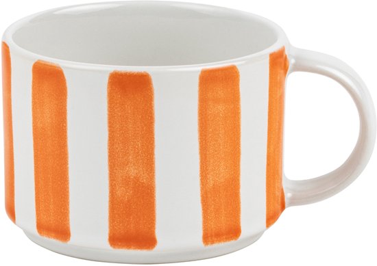 Wit koffiekopje met verticale oranje strepen.