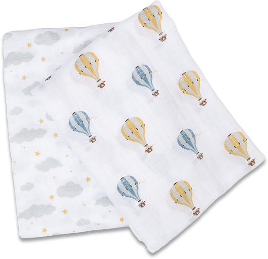 Lulujo - hydrofiele doek - swaddle - katoen - 100x100 cm - 2-pack - Hot Air Balloon van Merkloos — afbeelding 2