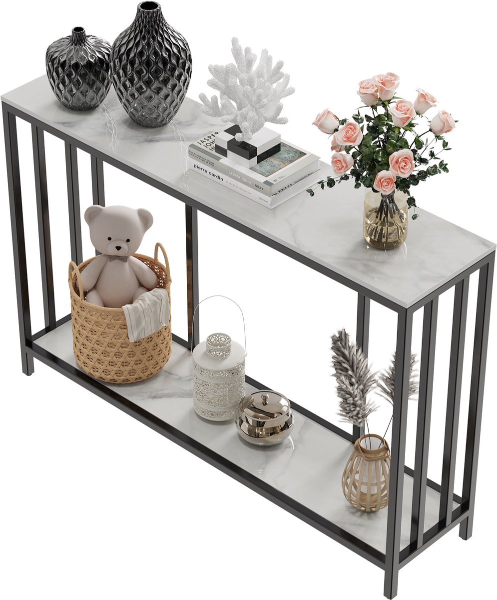FATIVO Consoletafel marmer- Haltafel - Wandtafel - Sidetable - wit - 120x30x78 cm (L x B x H) - Scandinavisch - Bijzettafel met Zwart metalen frame - voor woonkamer, Hal, entree