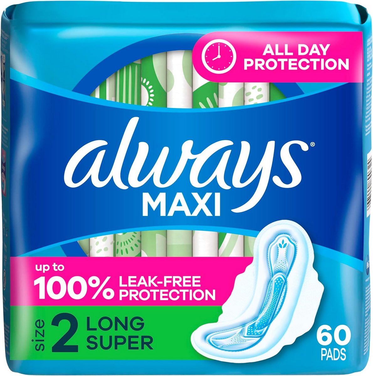Maxi Damesverbanden, Maat 2, Lang, Super Absorberend met Vleugels, Ongeparfumeerd, 60 Stuks