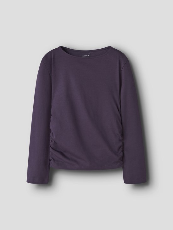 Paars meisjes T-shirt met lange mouwen en gerimpelde zijkant.