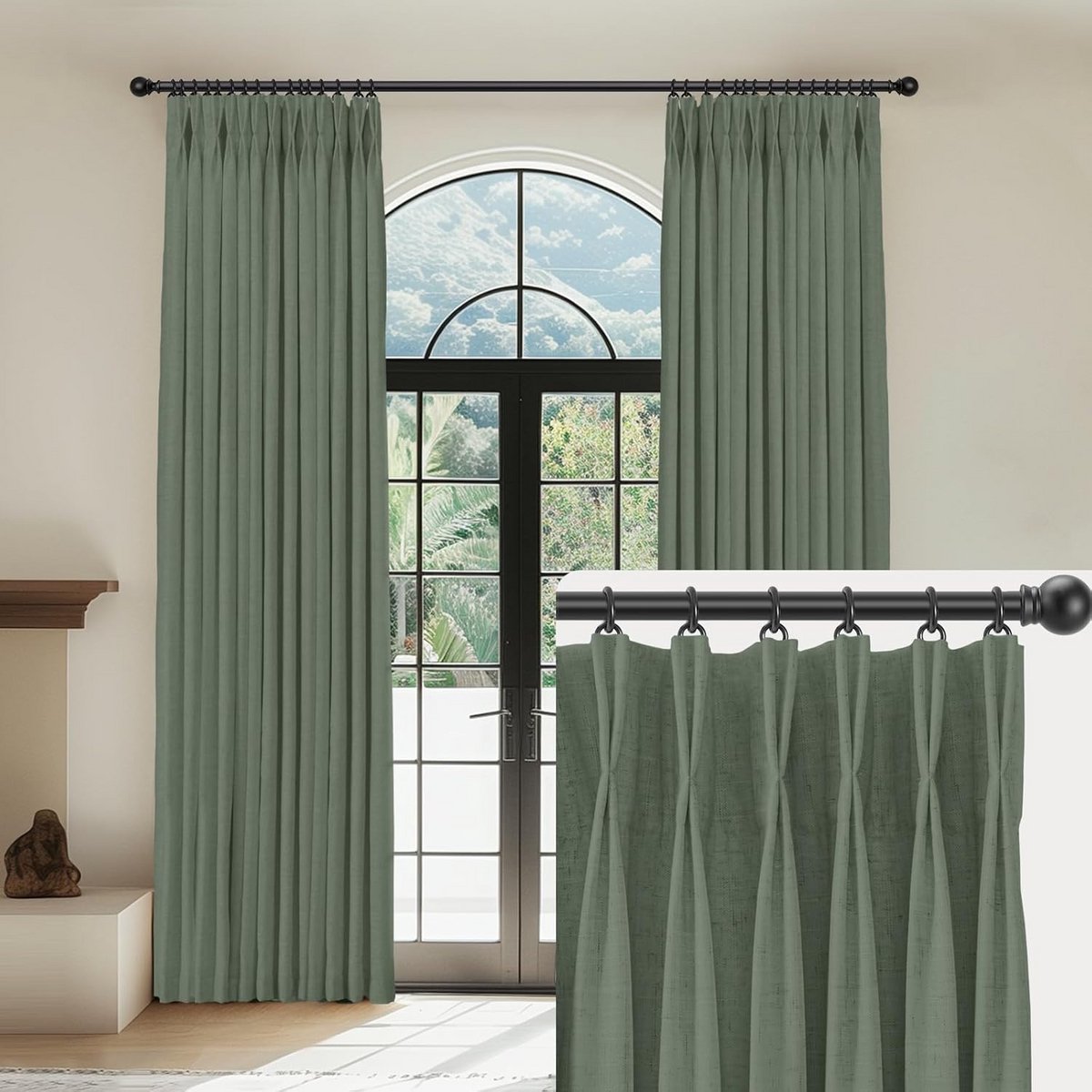 Verduisterende linnen gordijnen met haken - 243 cm lang, 2 panelen - Thermisch geïsoleerd voor slaapkamers en meer