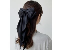Zwart strik haar accessoire – grote lange lint haarstrik voor dames – satijn look haarstrik voor elegante en feestelijke kapsels – 1 stuk