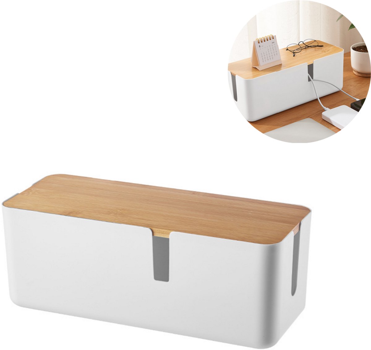 1 stuk - Opberger - Kabelorganizer - Stopcontactorganizer - Voor stekkerblokken en opladers - Met kabelgaten - Bureauorganizer - Wit