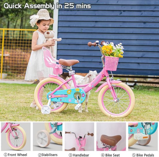Meisjesfiets 12-20 inch, Kinderfiets voor 2-13 Jaar, Prinsessenstijl met Poppenzitje en Mand, Trainingswielen, Meerdere Kleuren van Merkloos — afbeelding 4