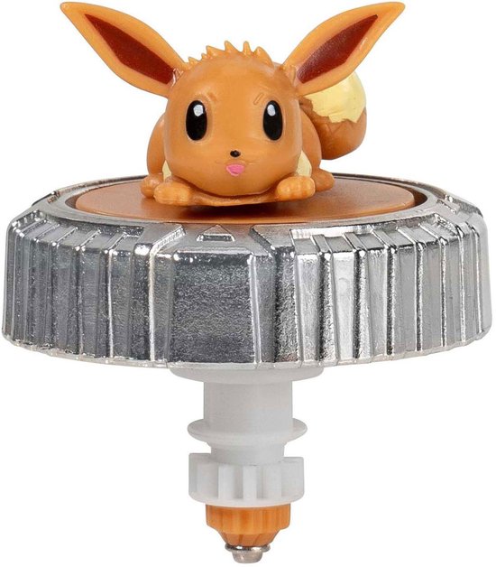 Een Eevee-figuur met een spin-accessoire, oranje met metalen details.
