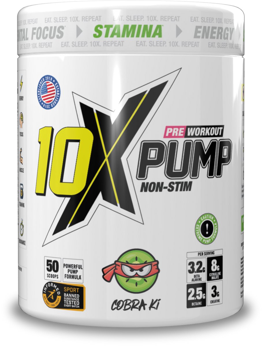 10X - Athletic - PUMP - Stim free - No Caffeine PWO - Cobra Ki - Kiwi
