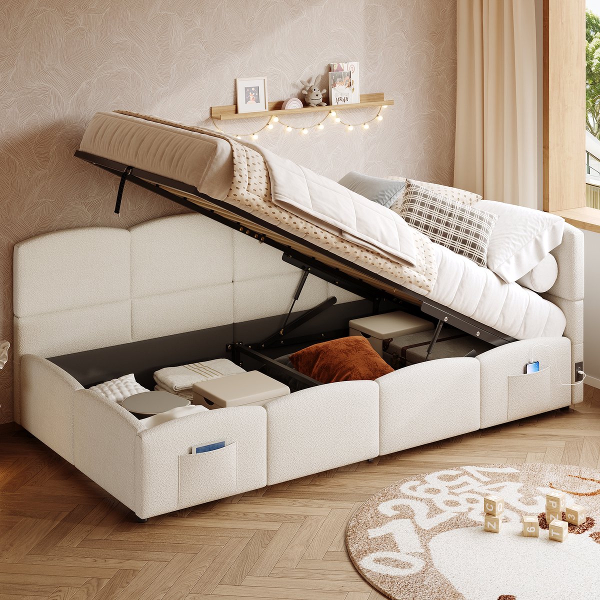 Merax Gestoffeerd bed - kinderbed met opbergruimte - 90x200 cm slaapbank - met lattenbodem - USB-oplaadpoort - beige - exclusief matras