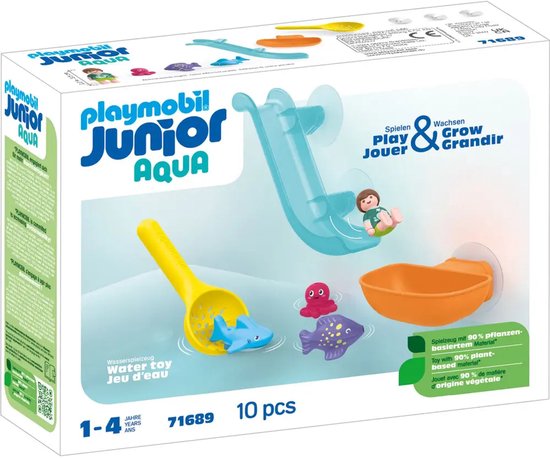 Doos met badspeelgoed: gele schep met haai, paarse vis, rode octopus, blauwe glijbaan en oranje bakje. Tekst: "playmobil JUNIOR AQUA".